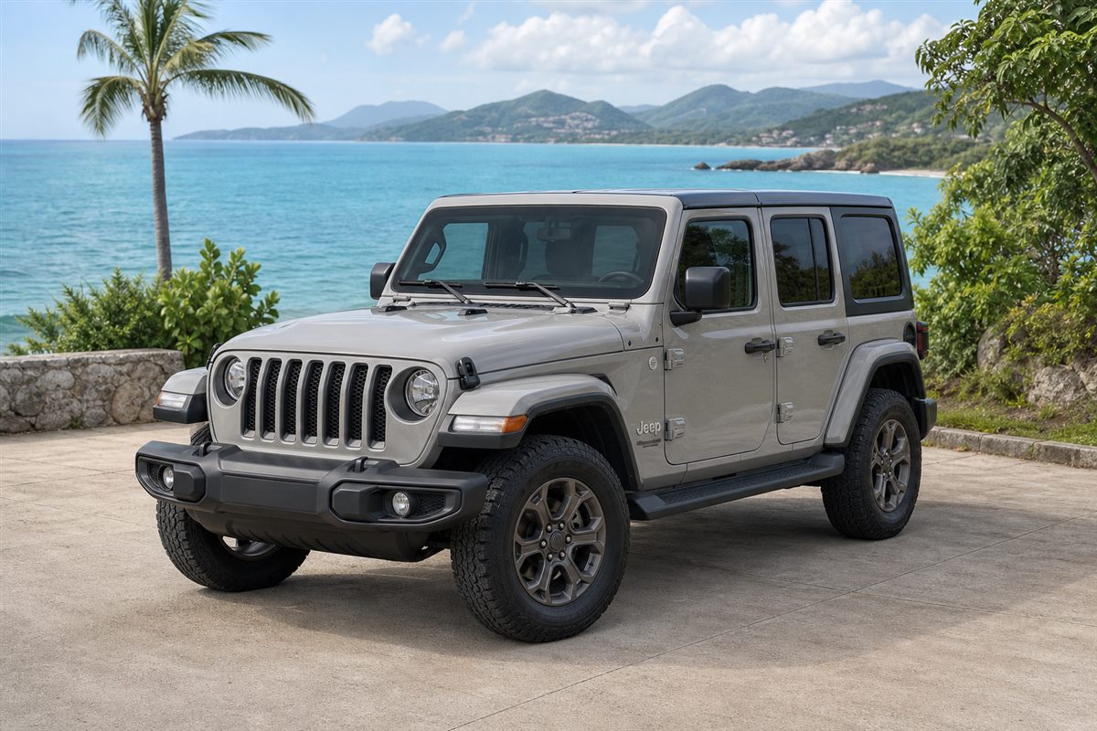 Visualización ilustrativa de un Jeep Wrangler 2021 gris frente a la costa