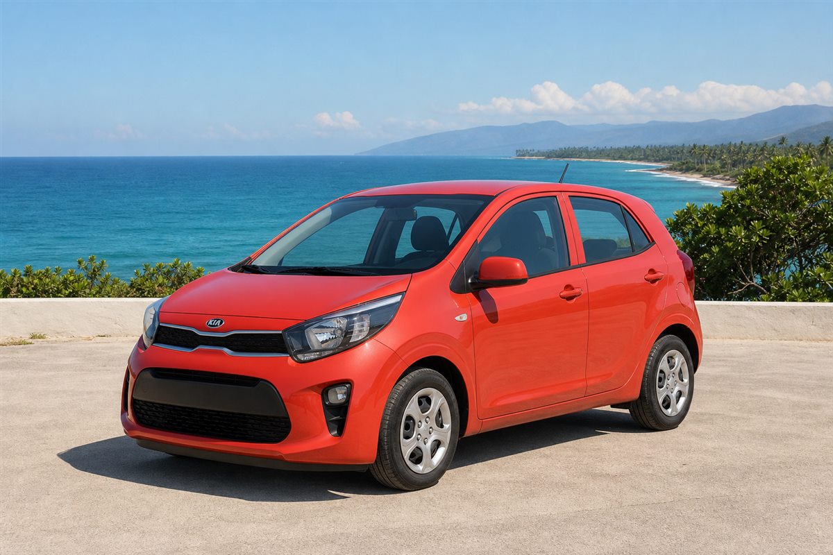 Visualización ilustrativa de un Kia Picanto 2020 rojo frente a la costa